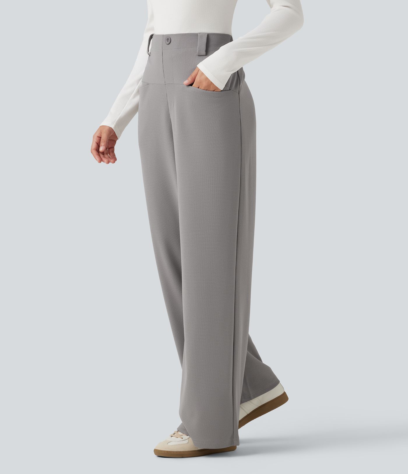 Pantalon de bureau gaufré taille haute coupe droite avec poches