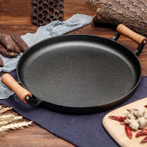 SOGA 31cm Cast Iron Frying Pan Skillet Steak Sizzle Fry Platter With Wooden Handle No Lid