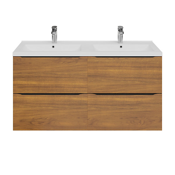 Meuble vasque suspendu effet noyer l.120 cm Imandra   plan double vasque blanc céramique Nira, GoodHome