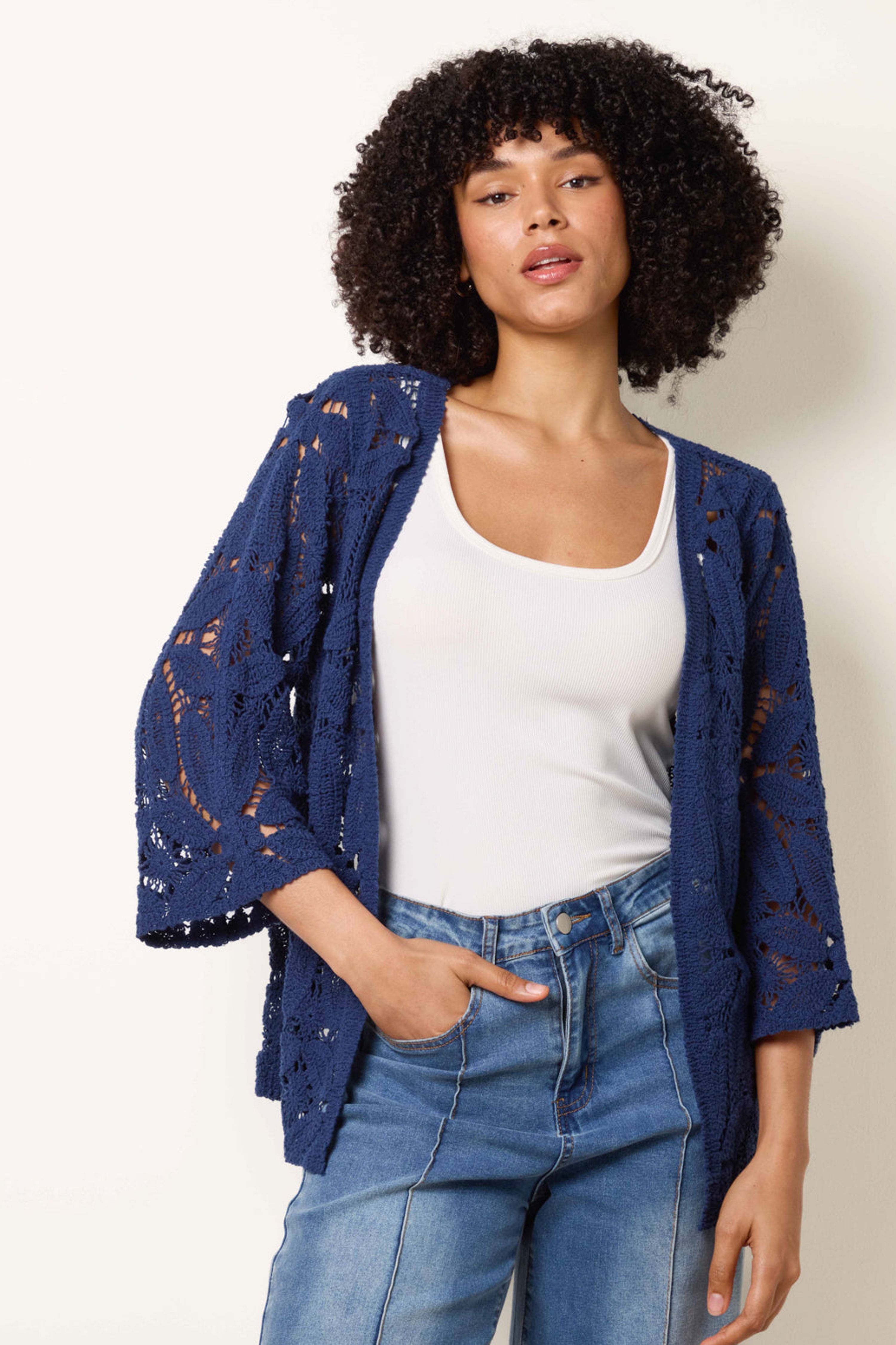 Blue Vanilla Navy Crochet Tie Front Cardigan