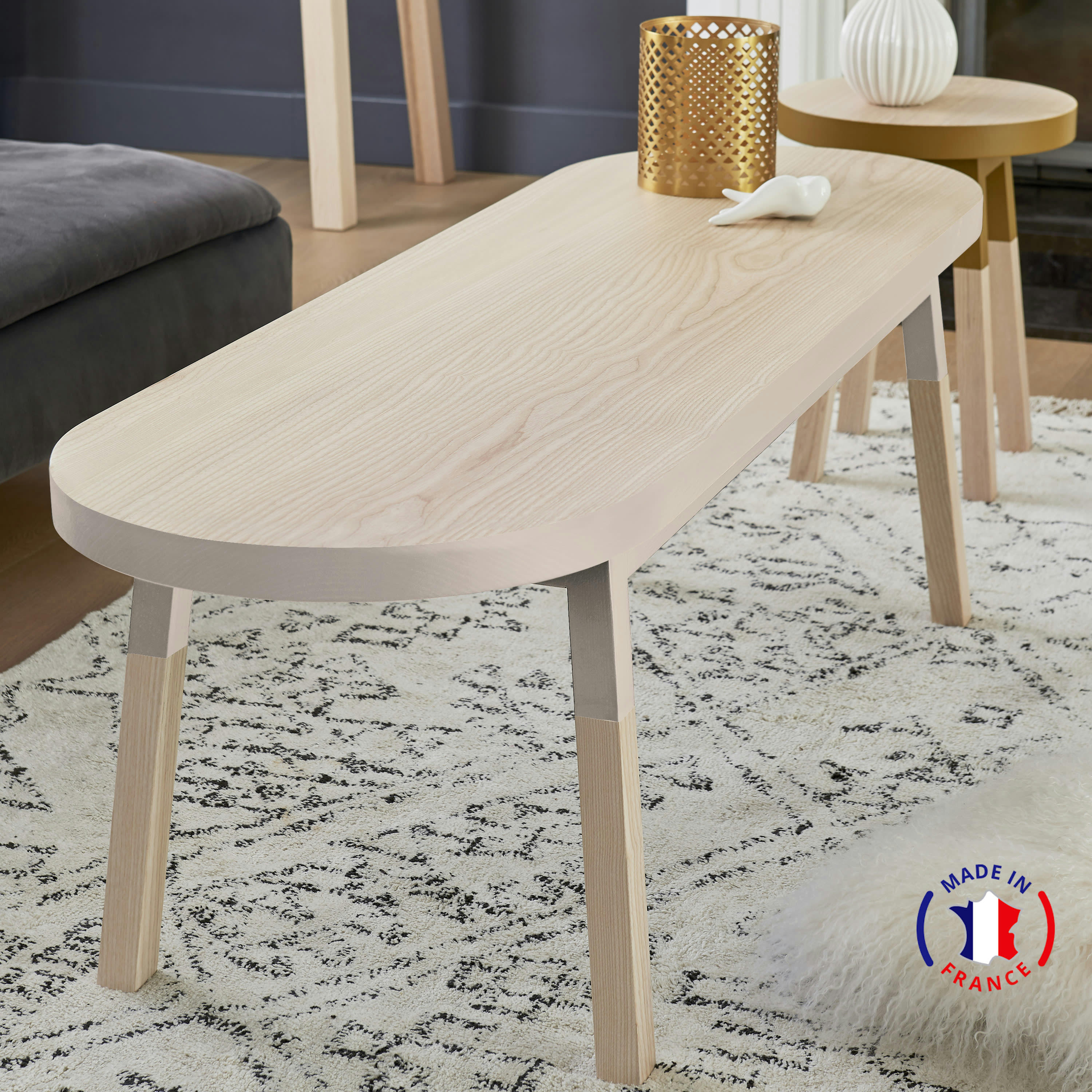 EGEE - Table basse banc 140 cm, 100% frêne massif gris muscade