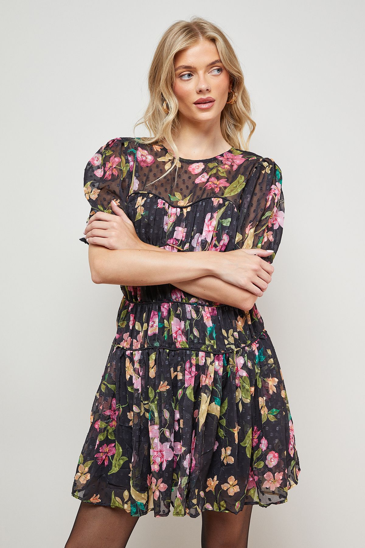 Oasis Printed Dobby Shirred Bodice Mini Dress