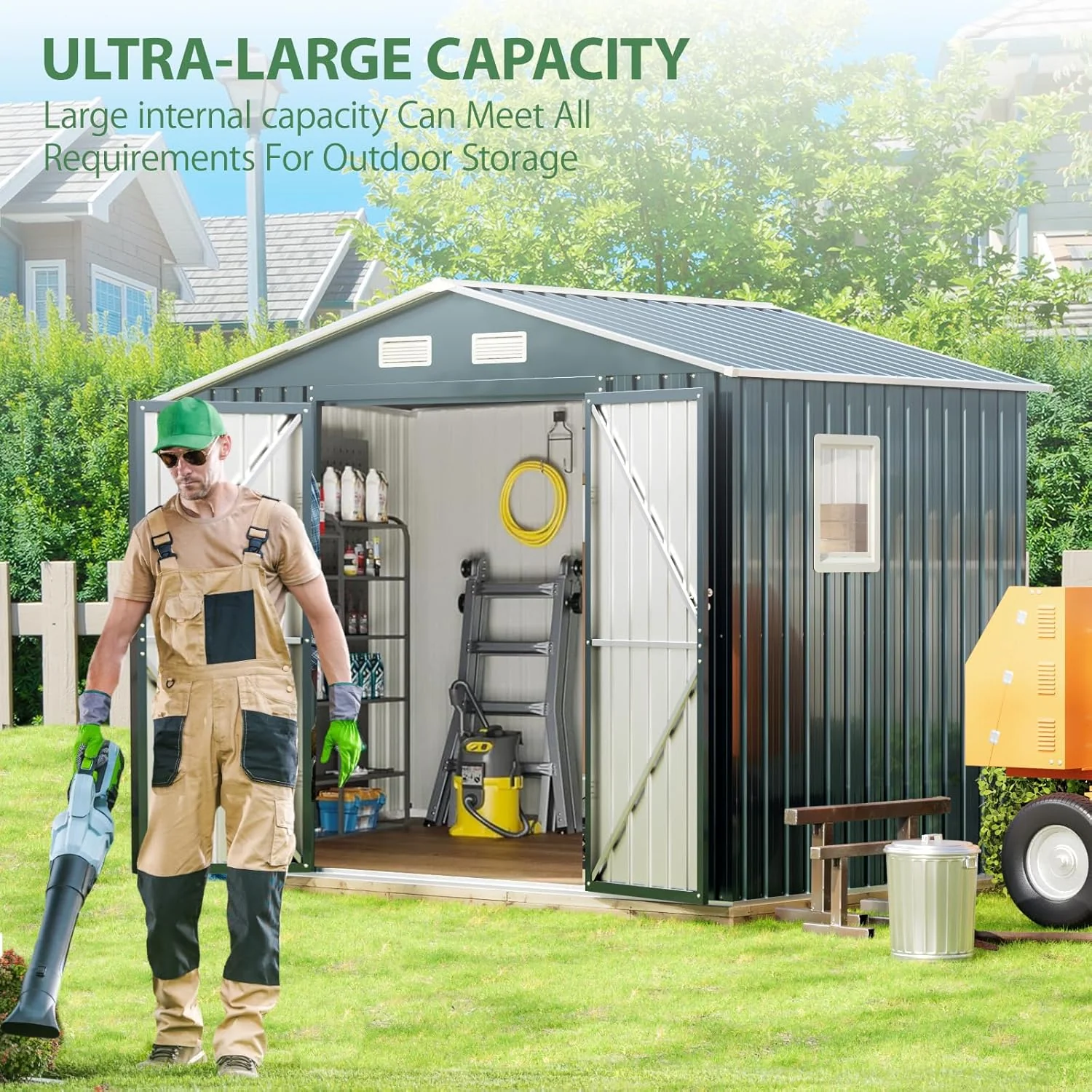 8x6FT Outdoor Steel Storage Shed with Clear Window, Lockable Doors, Weather-Resistant Metal Tool Shed for Garden, Backyard, Patio, and Utility Storage(10X12FT/Base)