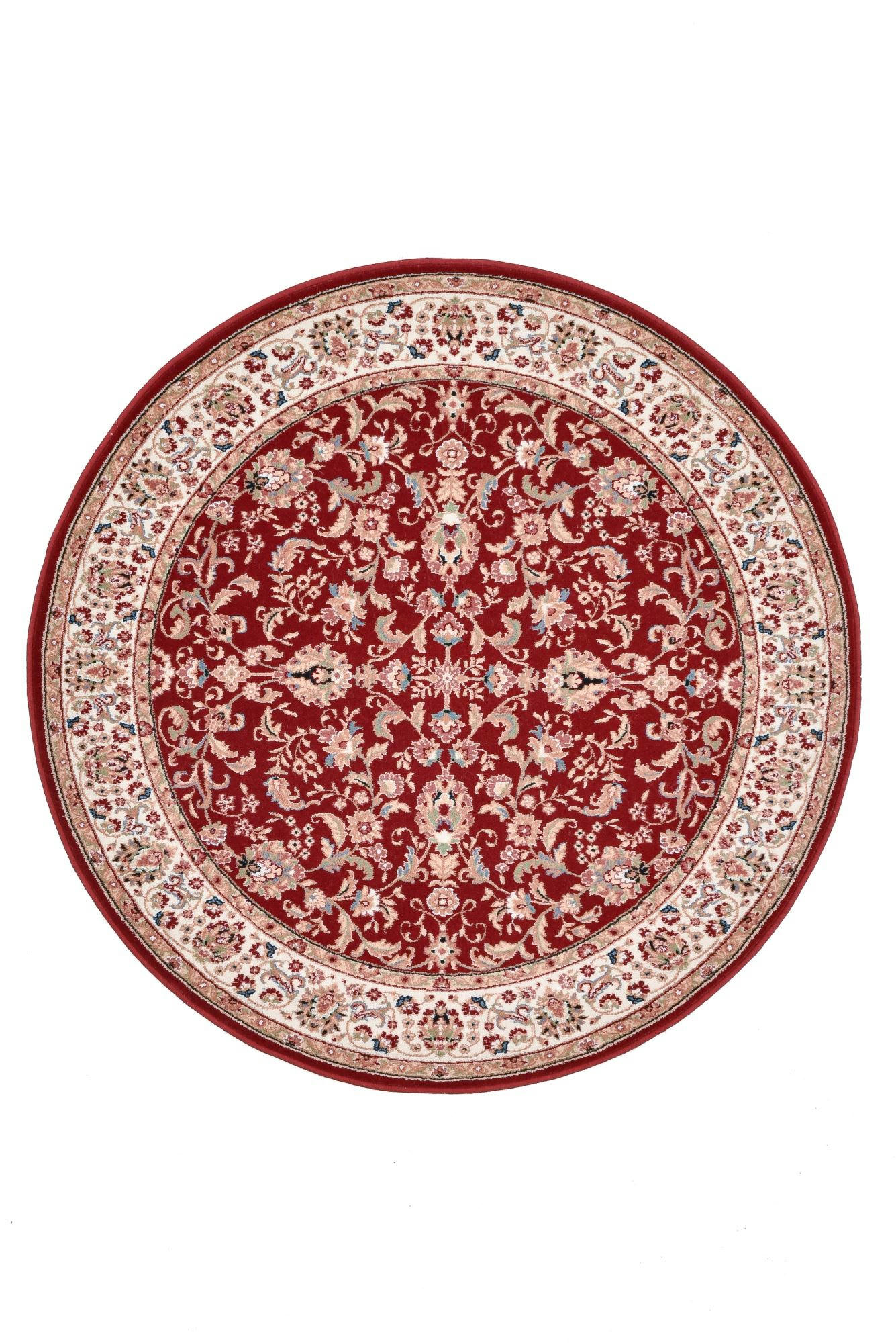 DOLNA - Tapis d'orient floral, tissé, laine naturelle rouge Diam 133 cm