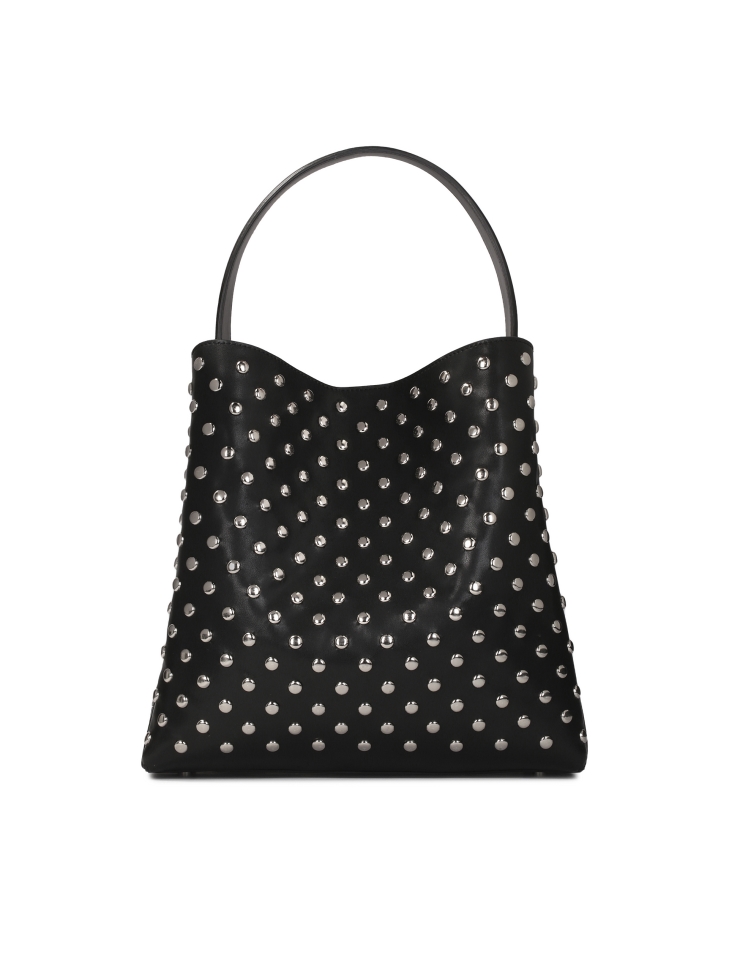 Black leather handbag decorated with round rivets