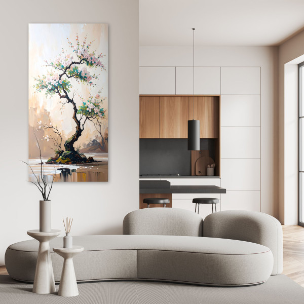Obraz canvas do salonu kuchni, Drzewko Bonsai Białe Kwiaty Gałązki 40x80