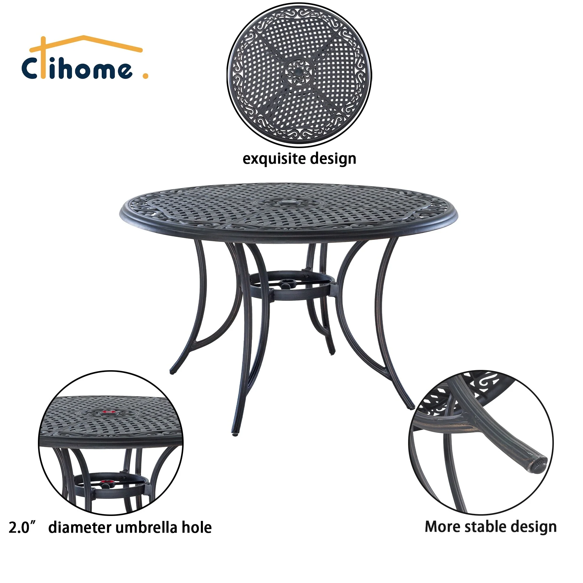 Clihome Round Cast Aluminum Patio Dining Table with Umbrella Hole - N/A