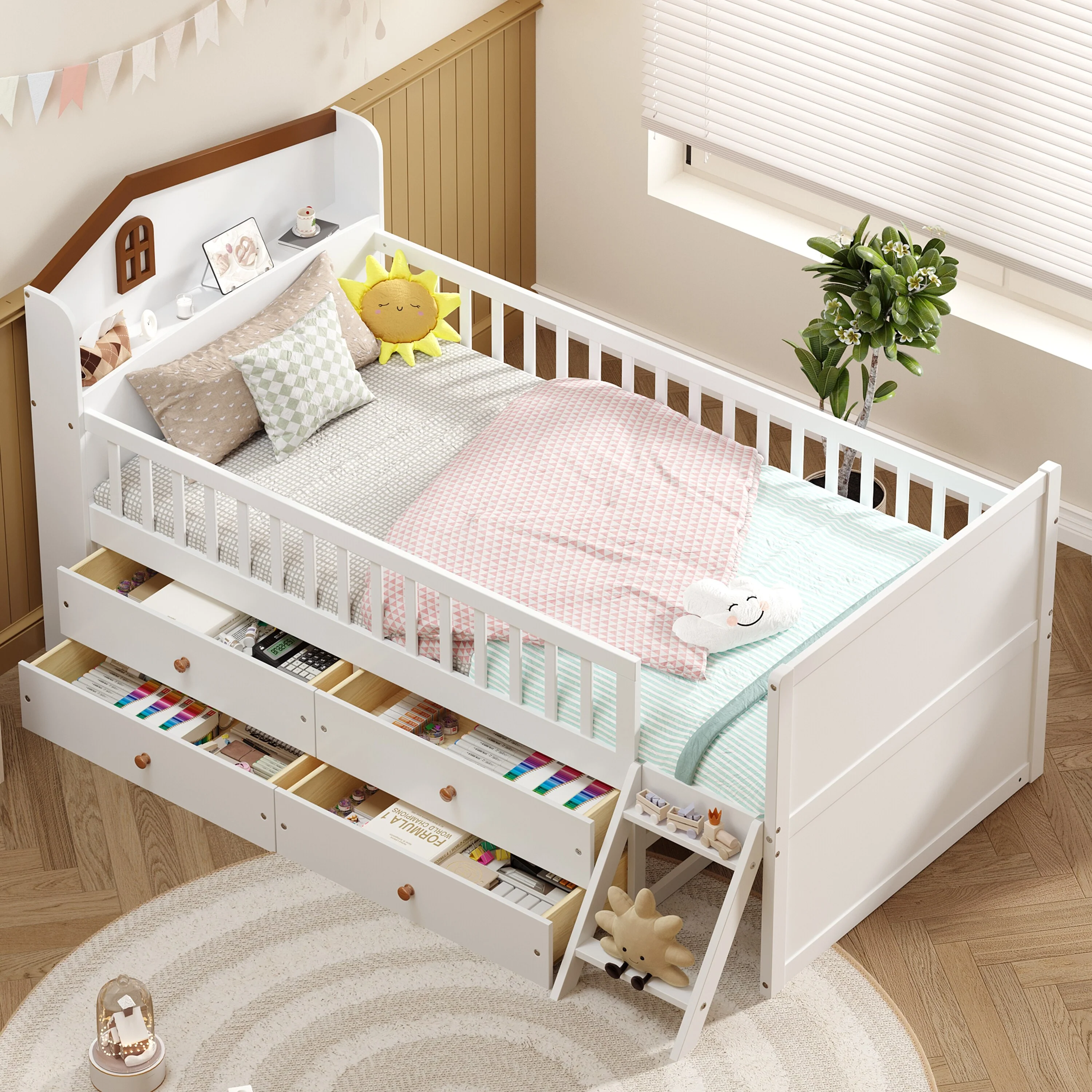Twin Bed Frame with 4 Storage Drawers, Guardrail, Headboard, Ladder, and No Box Spring Needed, White