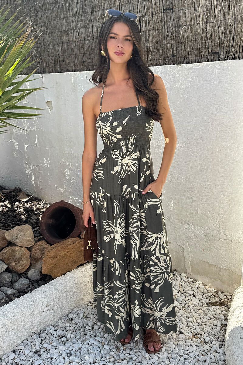 AX Paris Khaki Abstract Floral Print Tie Neck Smock Midi Dress