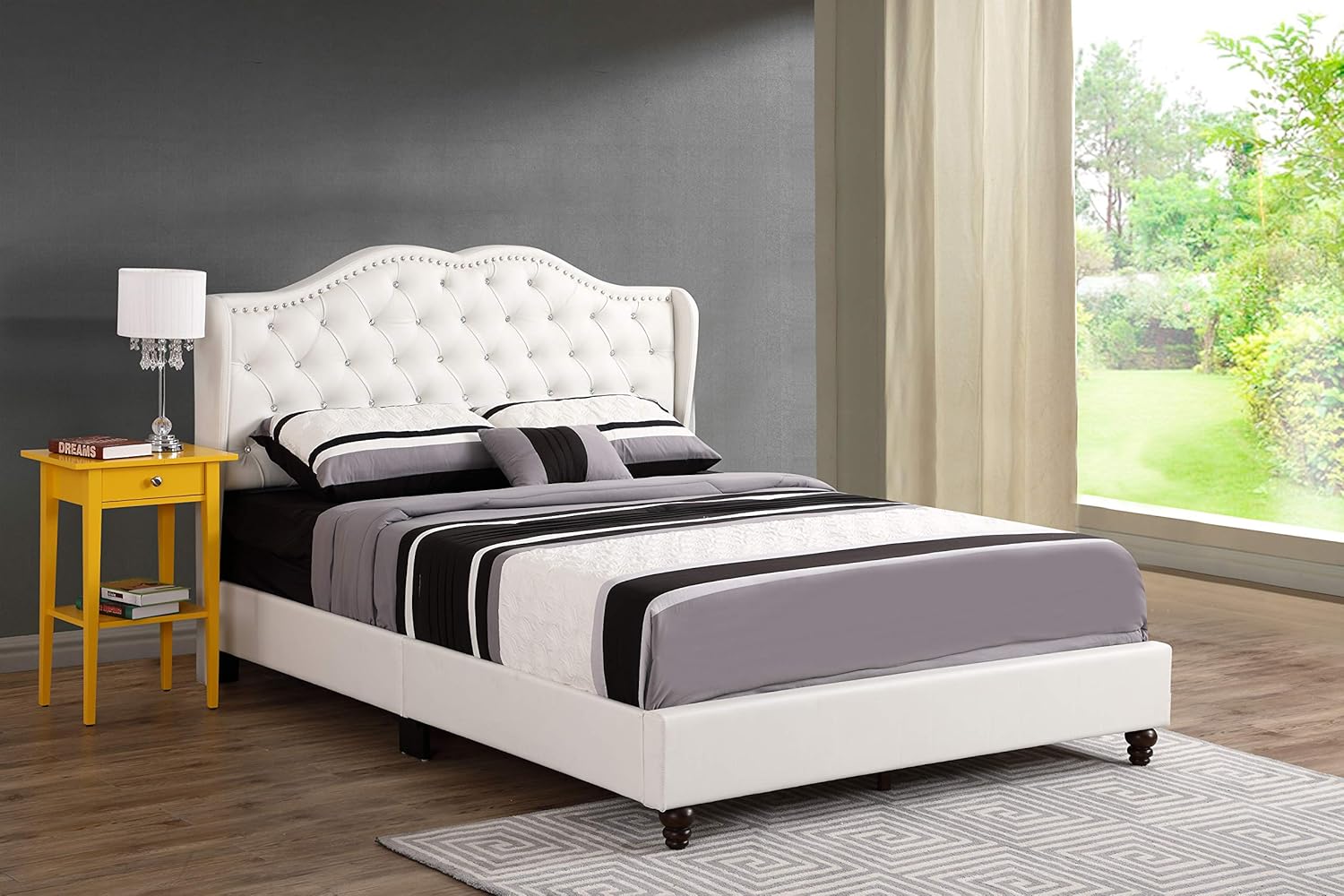 GDFStudio PU Upholstered Bed Frame with Padded Wingback Headboard, Transitional Platform Design, Box Spring Required, Easy Assembly, Full Size Bed for Modern and Classic Bedrooms,50 H White