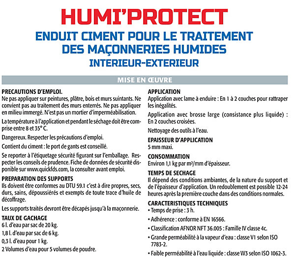 Enduit Spécial Maçonnerie Humides Humi'Protect Semin,Intérieur/Extérieur, Sac de 20 kg