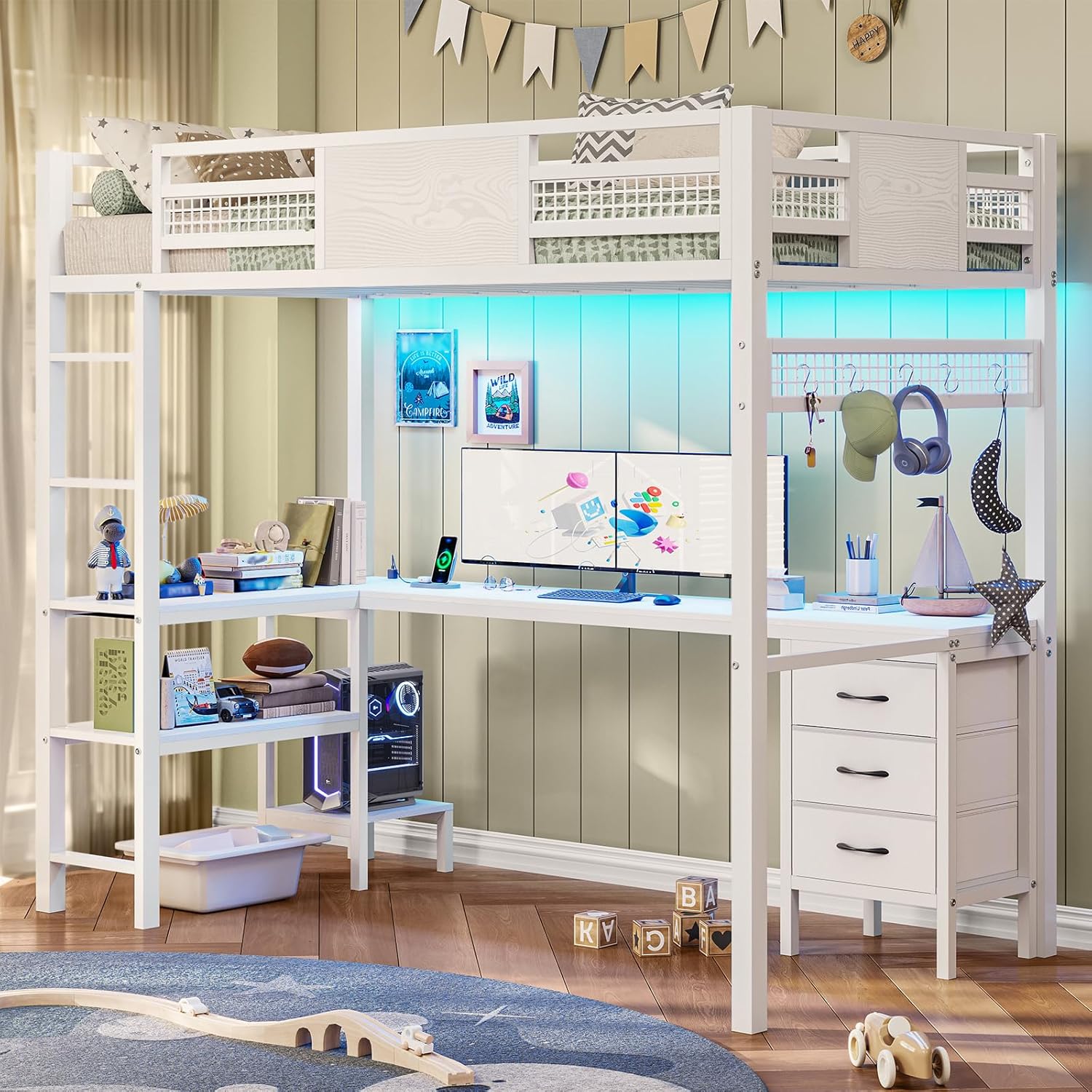 ADORNEVE Loft Bed Twin Size with L-Shaped Desk, LED Lights,Charging Station, Twin Metal Loft Bed Frame with Fabric Drawers & Shelve, 13.4 H Safety Guardrail, No Box Spring Needed, White