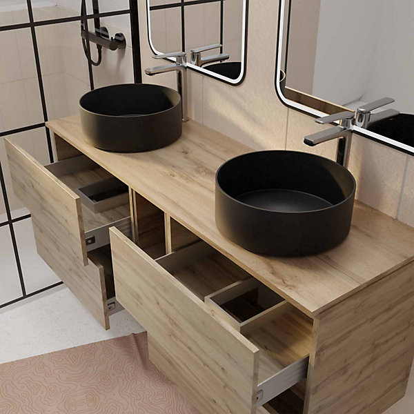 Meuble Salle de Bains 140 TIMBER Décor Chêne 4 Tiroirs et Module Vasques Noires Miroirs LED 60x80