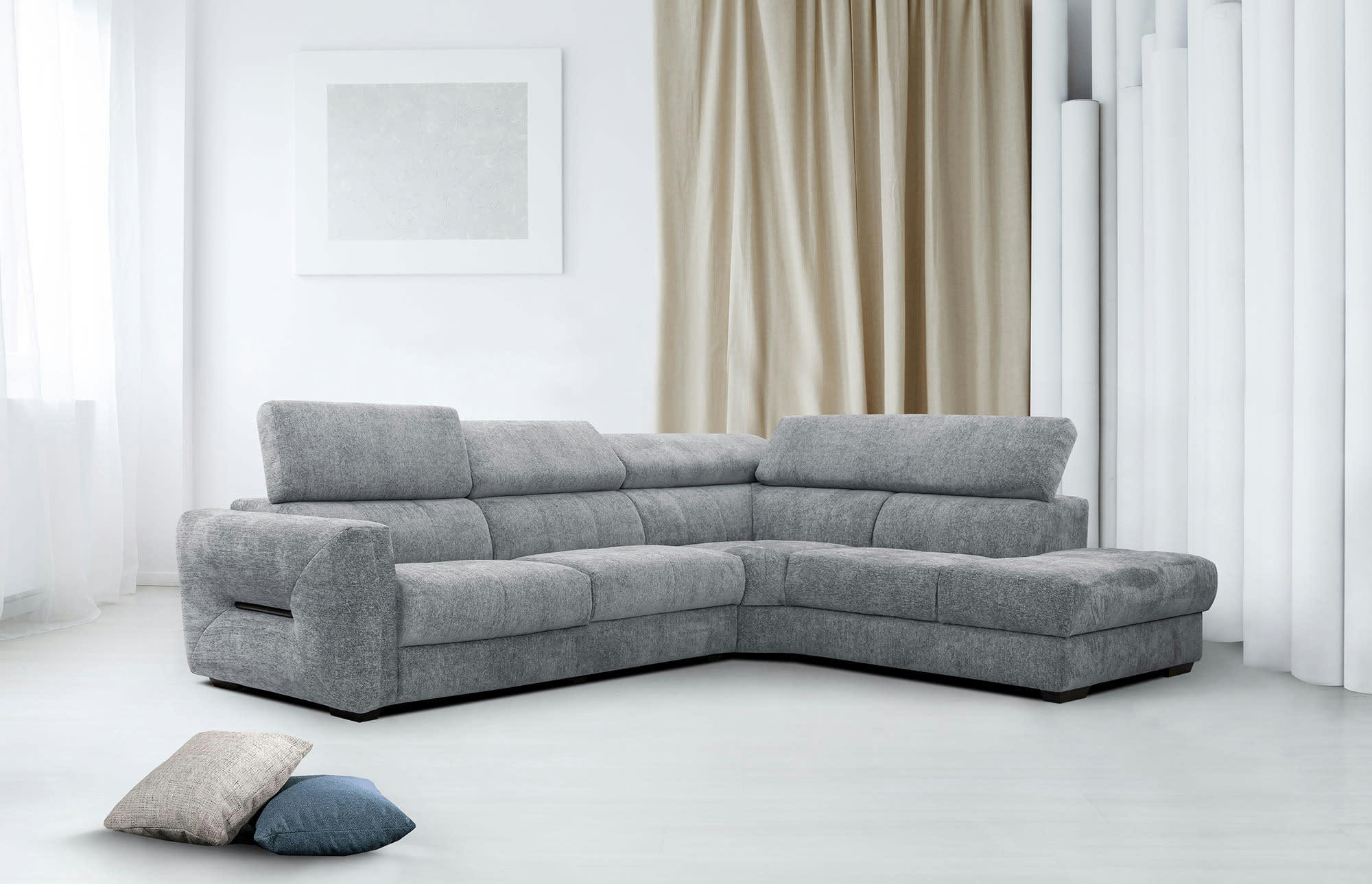 CALVERA - Canapé d'angle droit 5 places tissu gris moyen