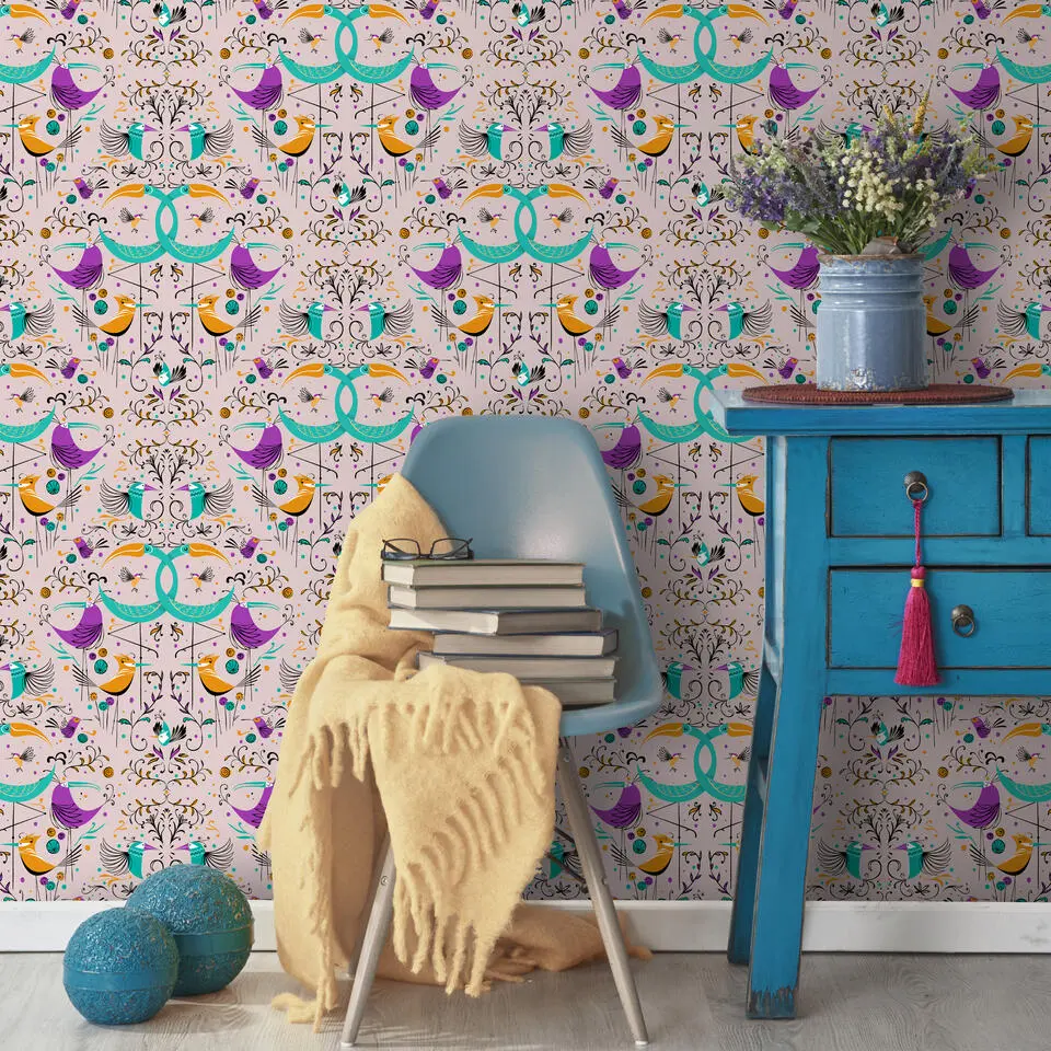 Walls4You behang vogels oudroze en meerkleurig - 53 cm x 10 m