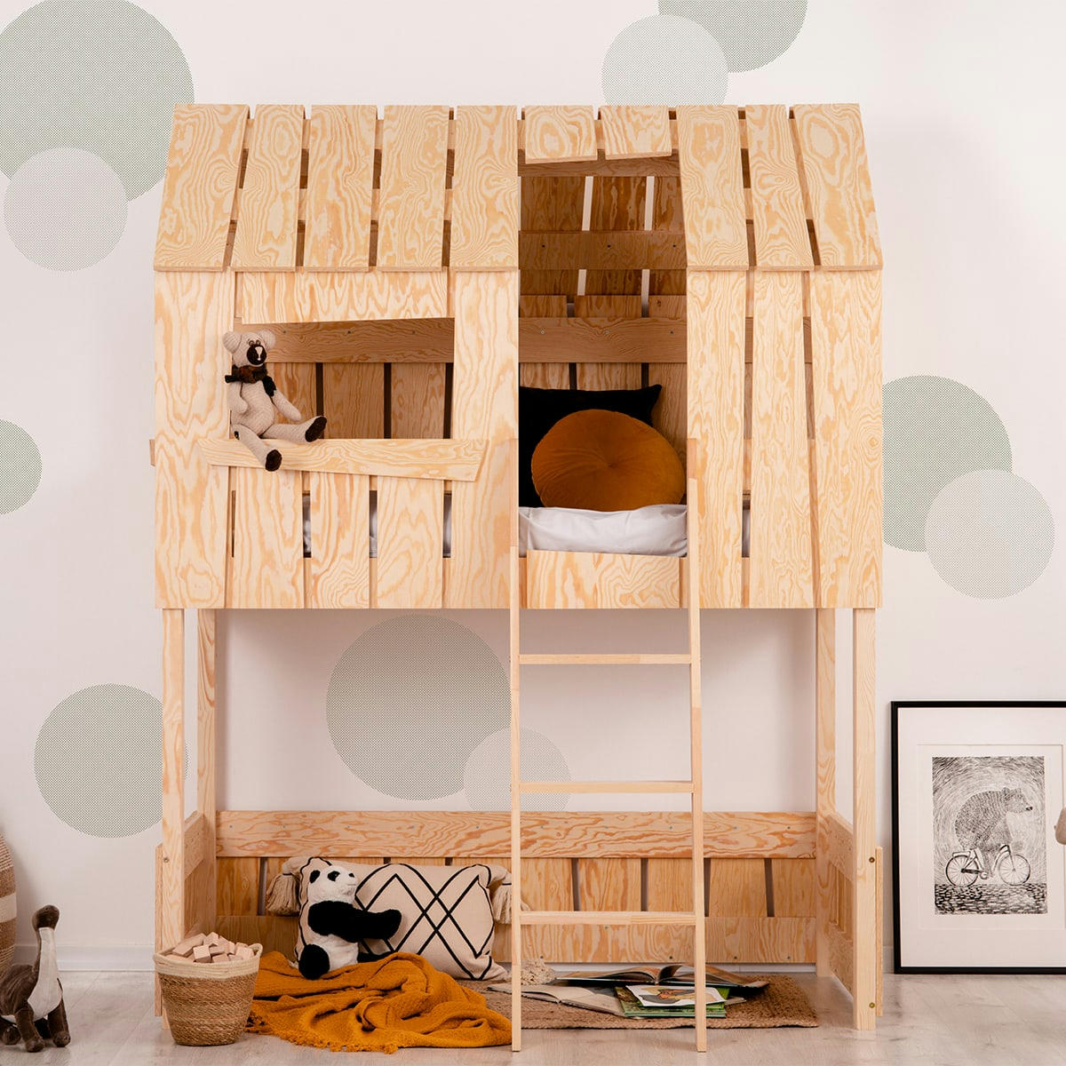 LUCAS - Lit cabane mi-hauteur 90x200 sommier inclus naturel