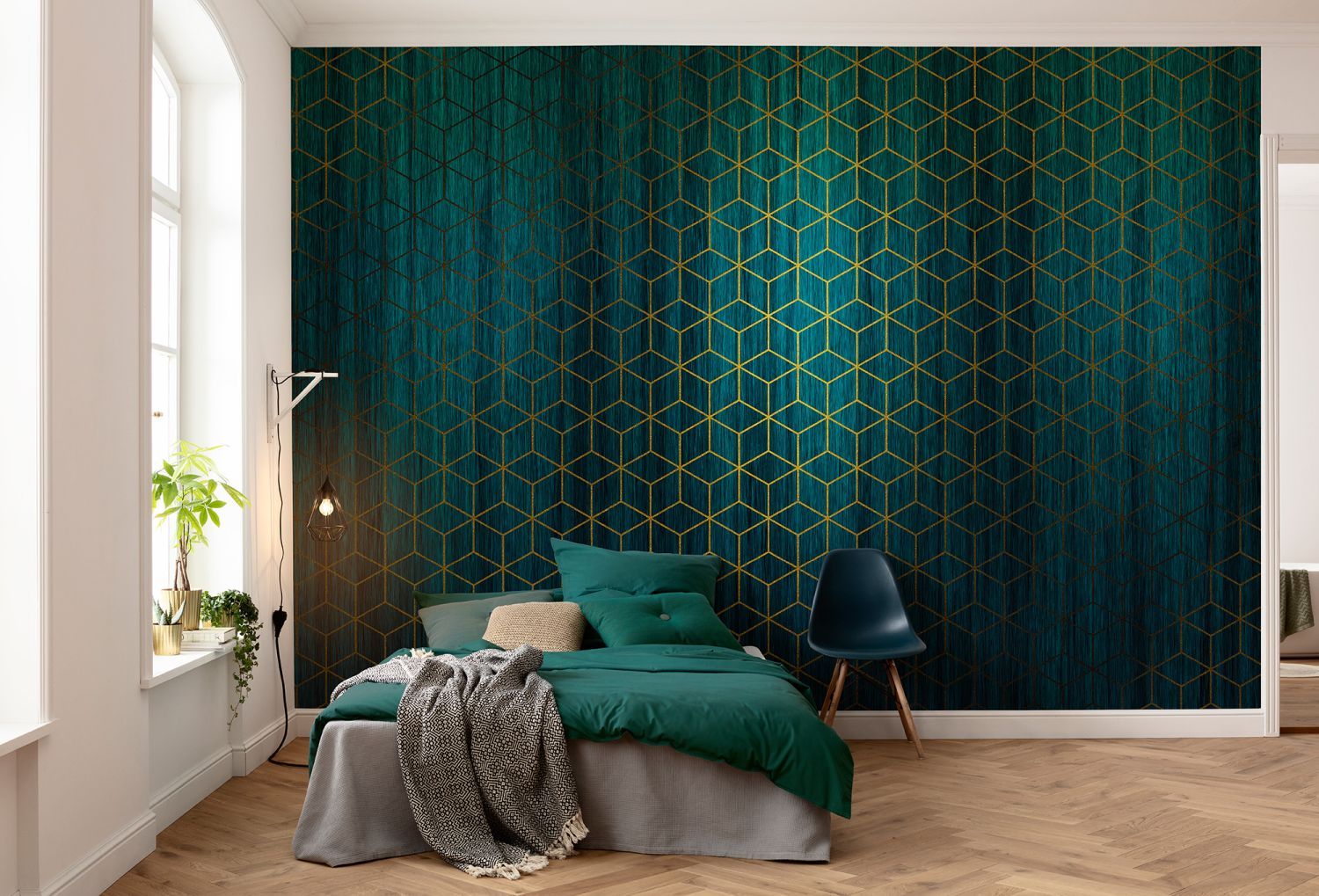 Sanders & Sanders fotobehang grafisch petrolblauw en goud - 400 x 280 cm - 611858