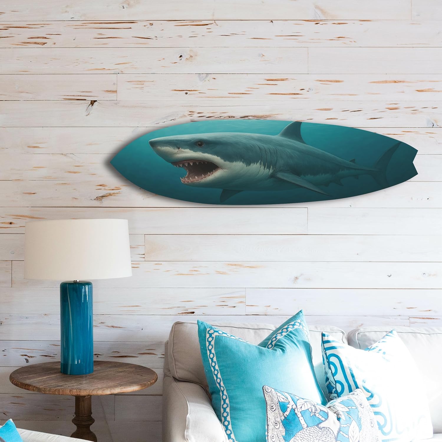 JennyGems Outdoor Shark Surfboard Wall Art – Ocean Themed Shark Decor, Weatherproof PVC Beach House Sign Decorative Coastal Wall Hanging, 3 Foot