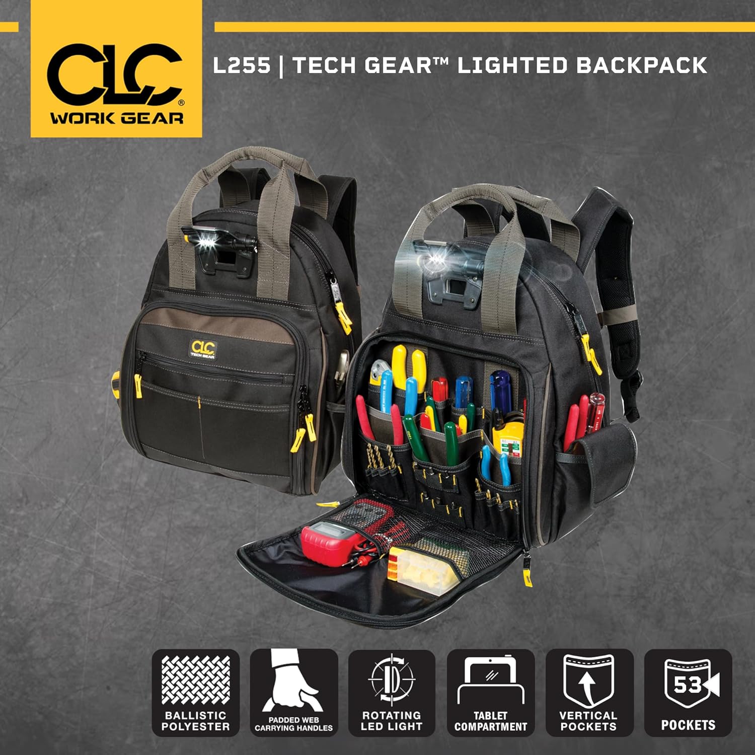 CLC Custom Leathercraft L255 Tech Gear 53 Pocket Lighted Backpack, Black