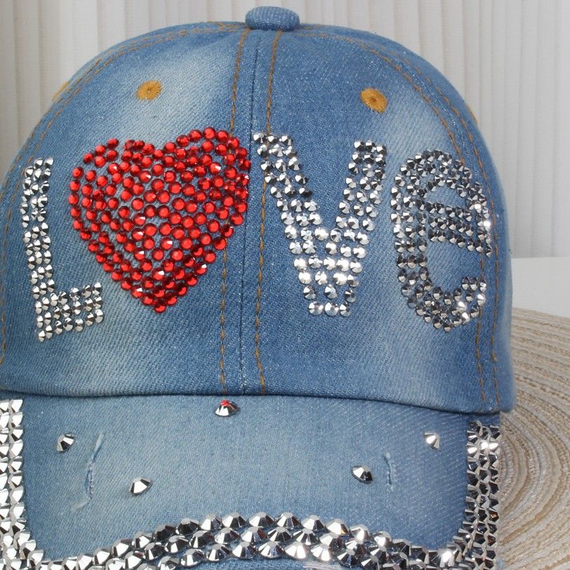 PEACH ACCESSORIES Denim Hat with Love Heart & Crystal Accents