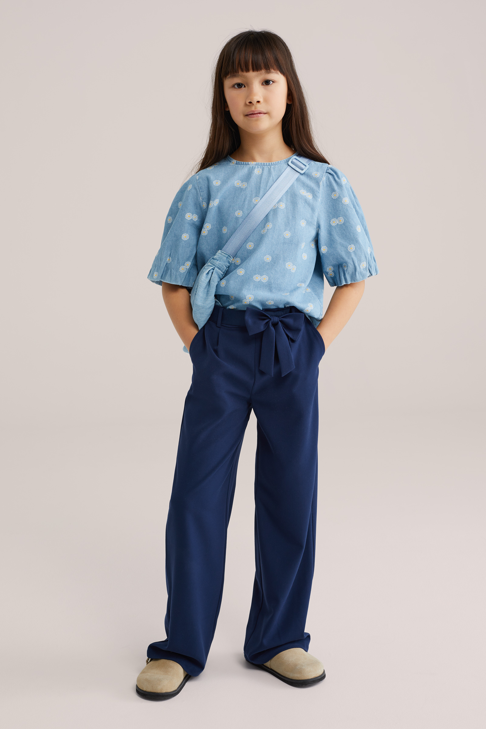 Meisjes straight fit broek met strikdetail