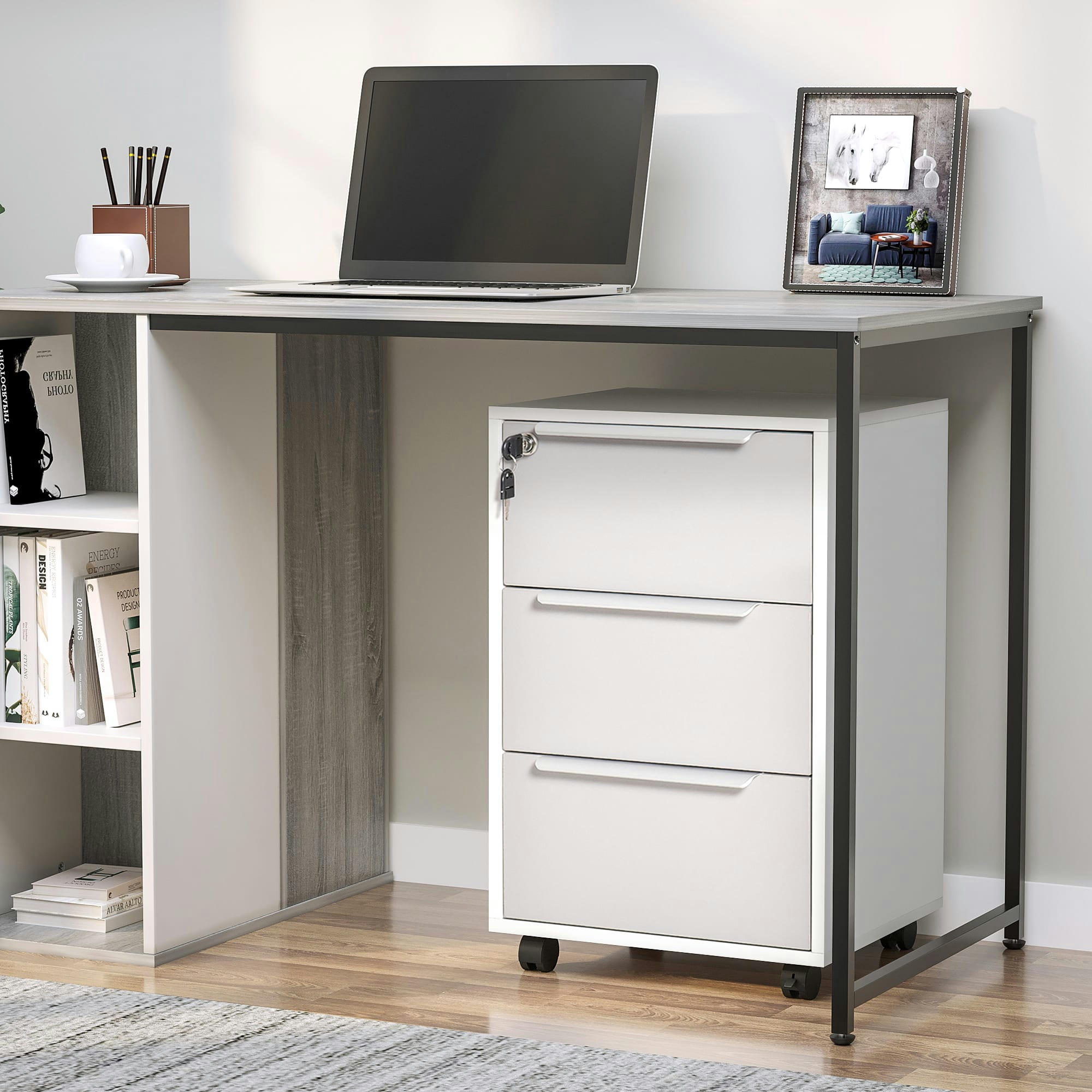 - Caisson de bureau sur roulettes 3 tiroirs verrouillables gris blanc