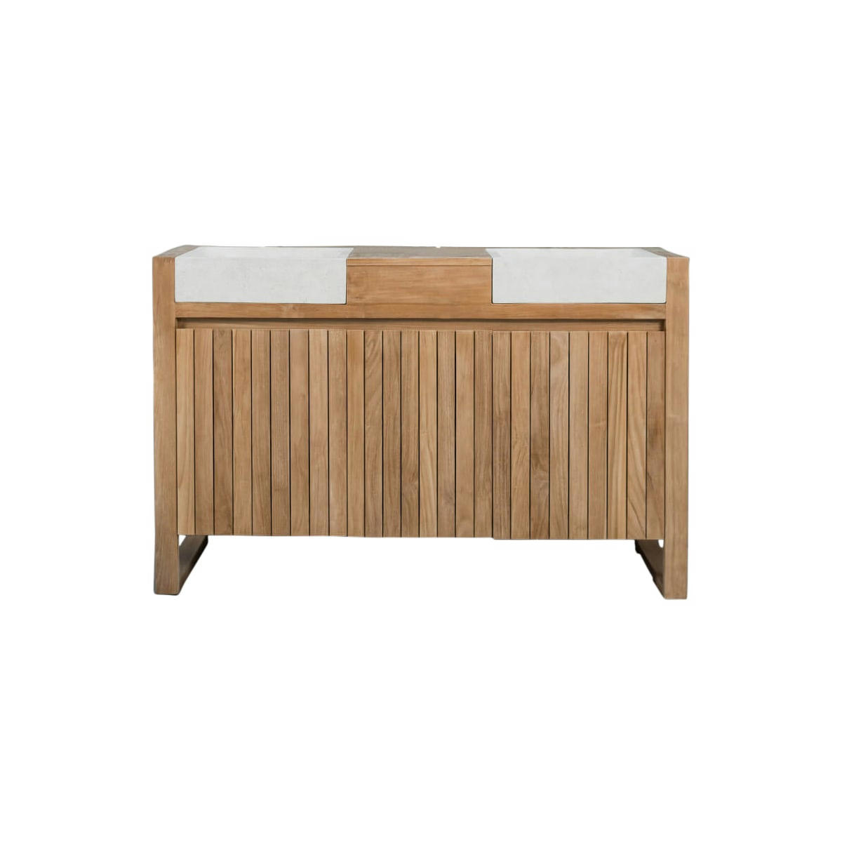 - Meuble de salle de bain en teck et vasques crème L140cm