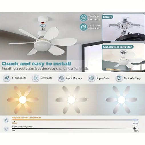 NNETM 1pc Dimmable Socket Fan Ceiling with Remote Control - Traditional Style, White