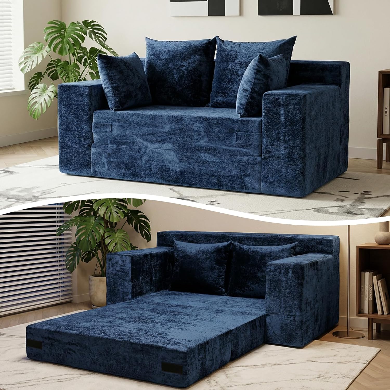 Boneless Loveseat Sofa Bed, 3-in-1 Convertible Sofa Bed Sleeper Sofa Floor Futon Couch for Living Room, Velvet-Blue