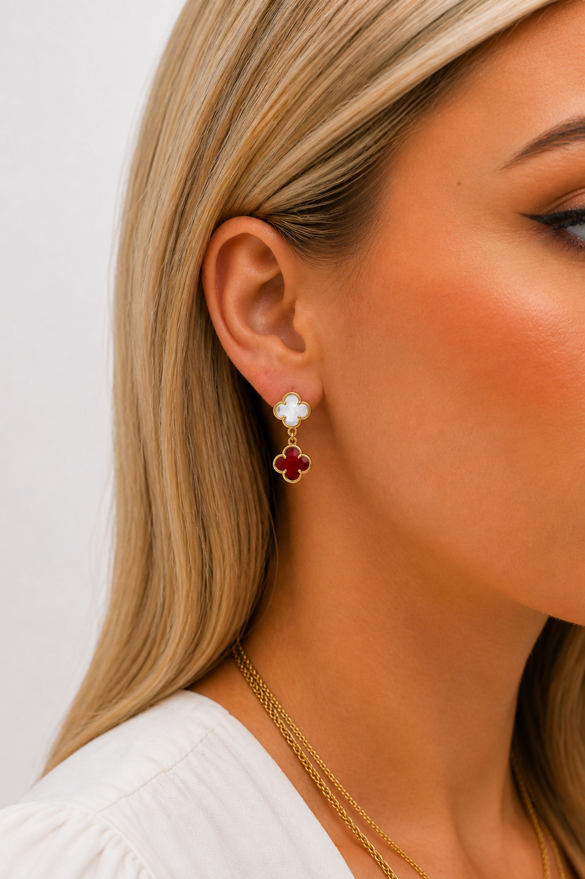 Jon Richard Gold Plated Ruby and Crystal Clover Drop Earrings