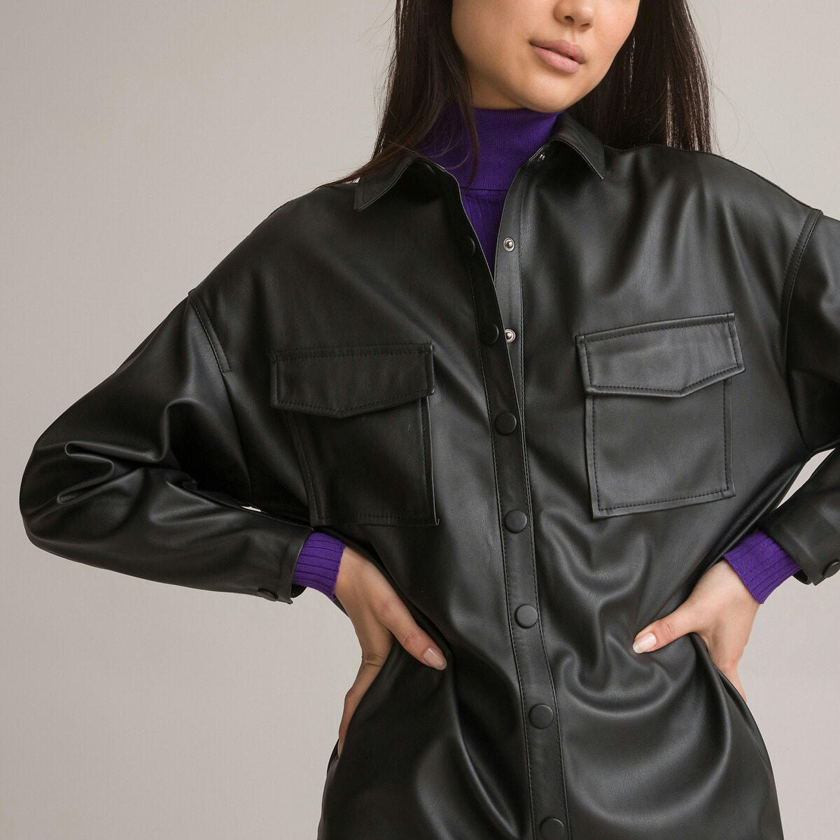 Robe-chemise manches longues en simili