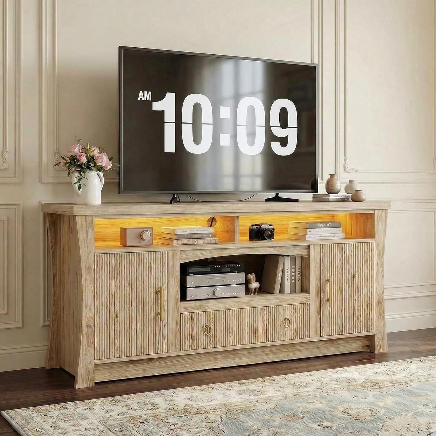 LIKIMIO TV Stand for TVs 65 inch, Entertainment Center with Power Outlet and Led Lights, TV Console with Storage Cabinets and Drawer, Farmhouse TV Stands for Living Room