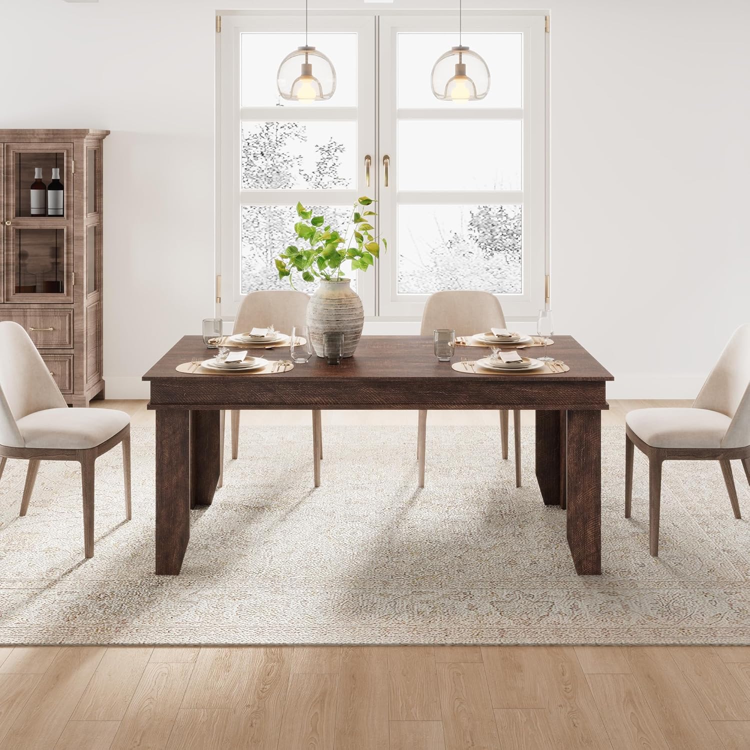 GarveeHome Farmhouse Dining Table for 4-6 People, 63 in Long Kitchen Tables with Wooden Sturdy Frame, 5 ft Large Rectangular Dinner Table for Dining Room, Kitchen, Dark Walnut, 63 Non-extendable