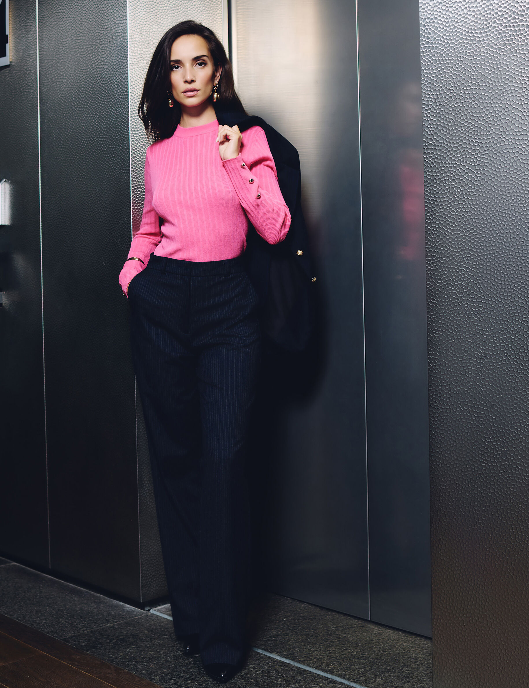 High-Waisted Straight Trousers Navy Blue Women