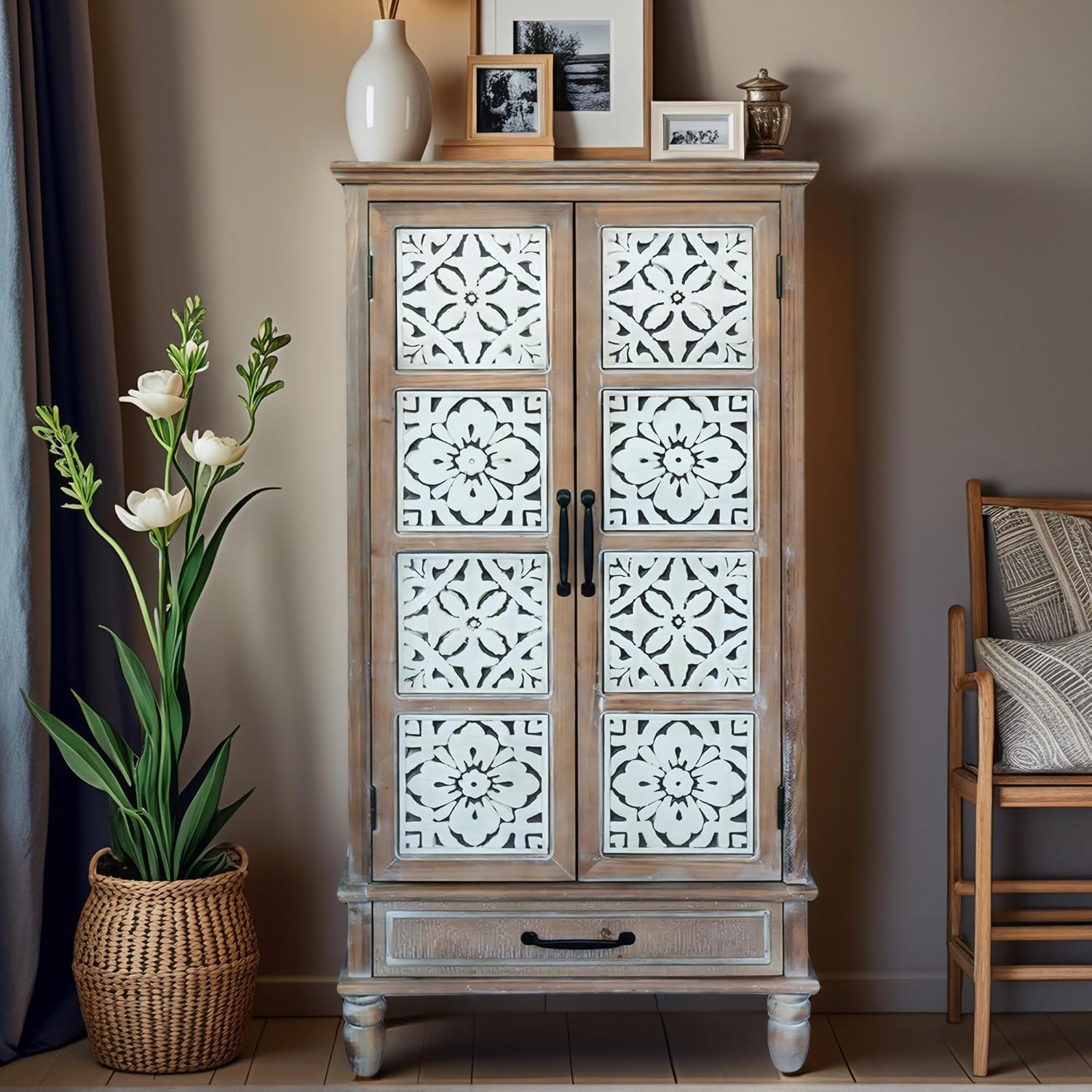 French Country Side Cabinet - Vintage 2 Door Wood Cabinet with Storage, Accent Furniture for Living Room, Kitchen & Entryway, Tall Cabinet Storage (55.11 H)