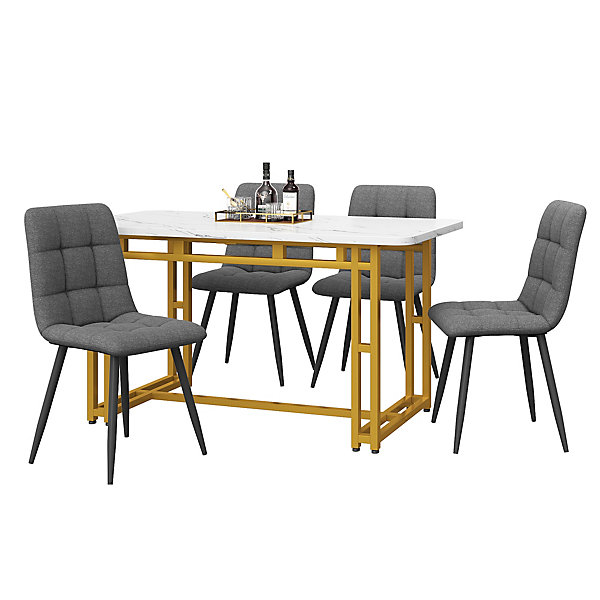Ensemble table et chaises 120x70x75 cm avec 4 chaises pour 4 personnes, plateau MDF, pieds métal doré