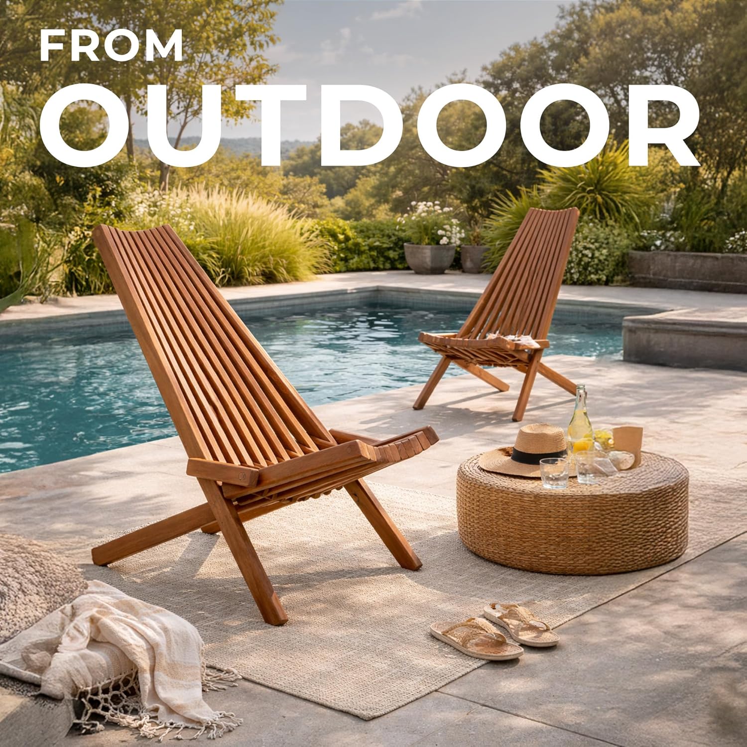 Melino Wooden Folding Tamarack Chairs, FSC Certified Acacia Low Profile Adirondack Chairs, Wood Folding Chair for Outdoor, Patio, Porch, Pool, Backyard, Garden, Balcony and Deck - Chestnut - Single