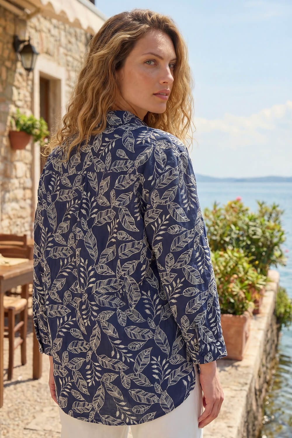 Roman Leaf Embroidered Collared Top