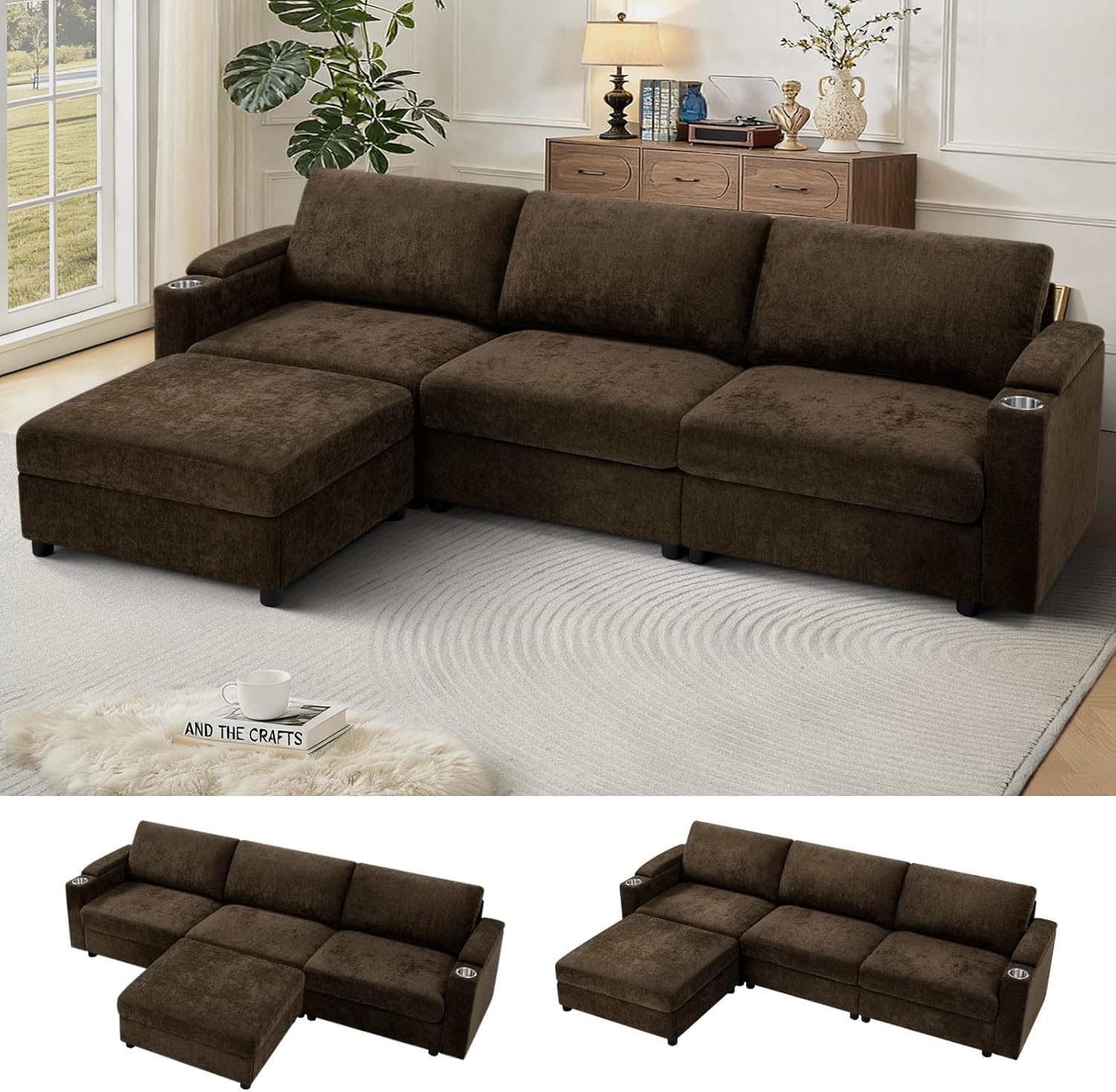 108'' Chenille Sectional Couch with Storage Armrests,L Shaped Upholstered Sofa with Movable Ottoman, 4-Seat Modular Couch with Cup Holders for Living Room, Brown