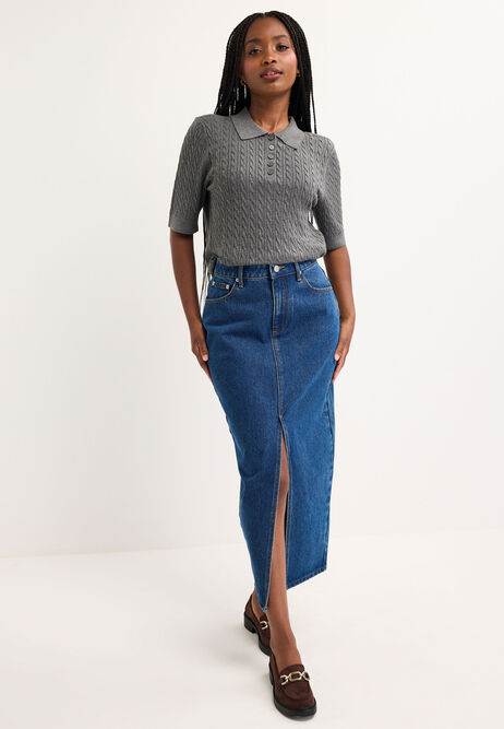 Womens Mid Blue Wash Denim Midi Skirt
