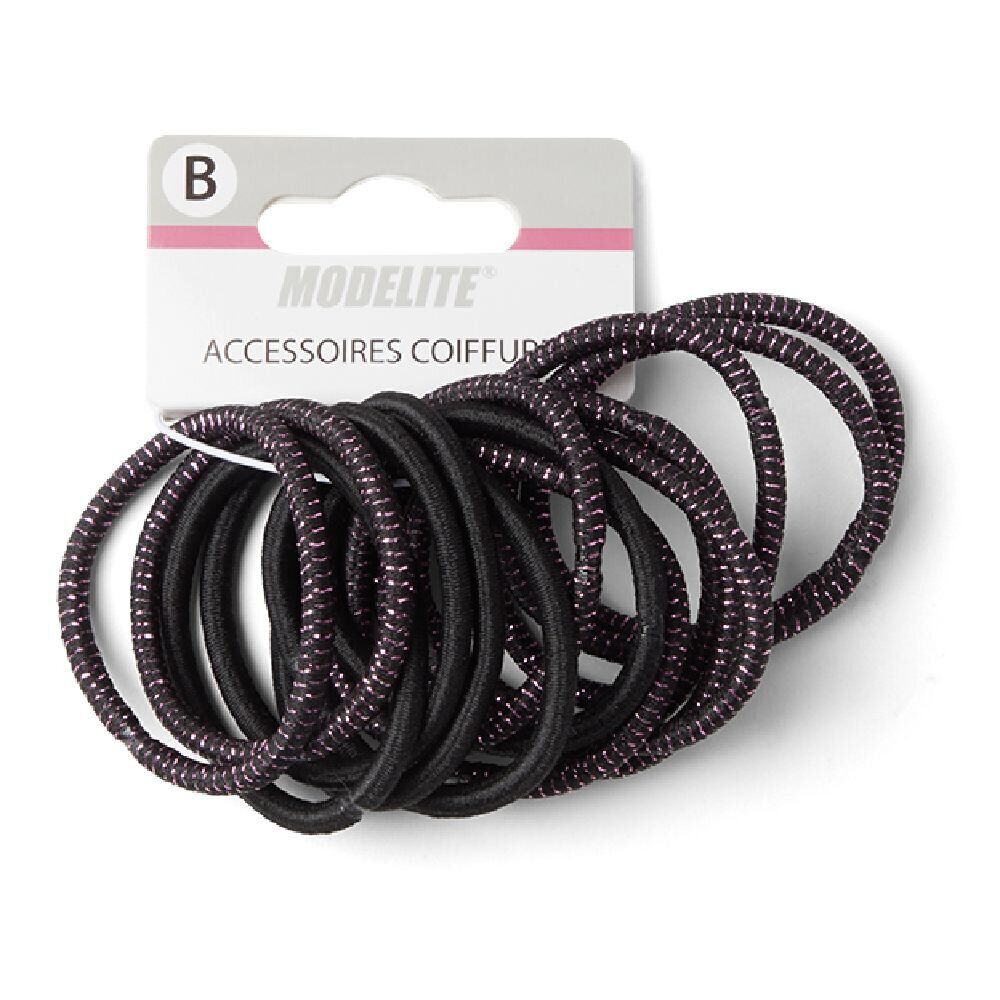 Lot de 15 élastiques à cheveux polyester noir et fil métallique rose