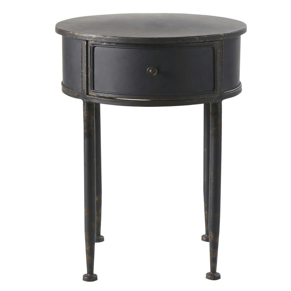 Alienor - Table de chevet ronde 1 tiroir en métal noir