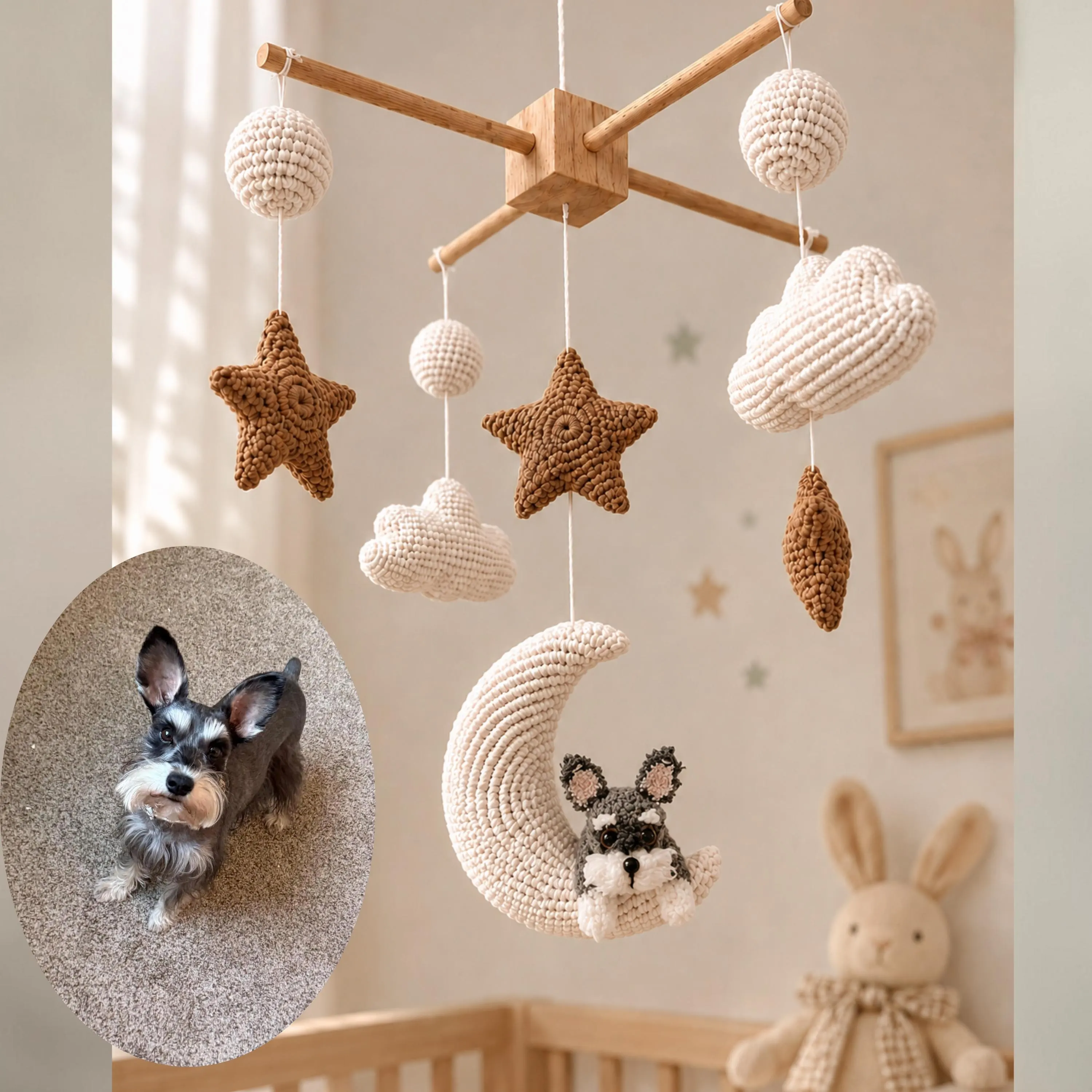 Custom Dog Baby Mobile, Handmade Moon Baby Mobile, Hot Air Balloon Baby Mobile , Crocheted Dog Cat, Neutral Nursery, Baby Shower Gift
