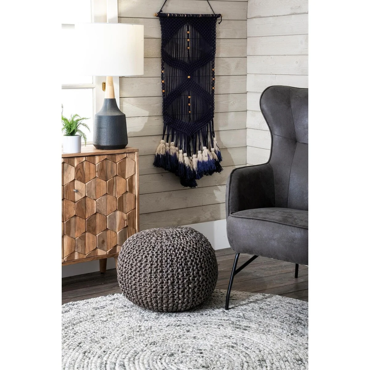 Nuloom York Classic Knitted Solid Jute Ottoman Pouf