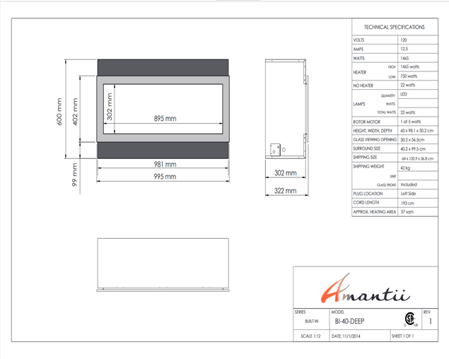 Amantii Smart 40" Electric Deep Built-in only comes with optional black steel surround