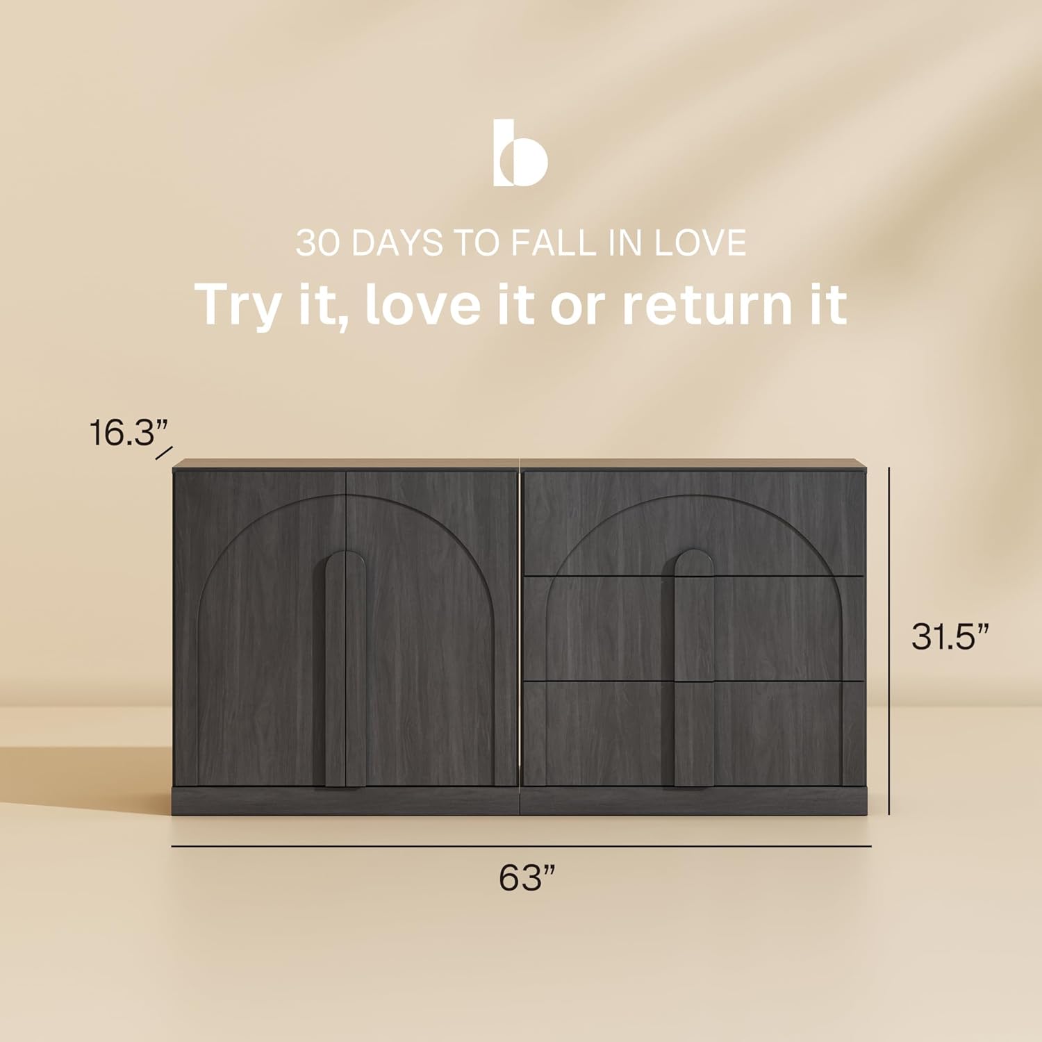 BELLEZE Modular Sideboard Cabinet with Storage, 2-Piece Modern Buffet Cabinet with Adjustable Shelf and 3 Drawers, Media Console Minimalist Credenza for Living Room Kitchen Dining Room, Ebony