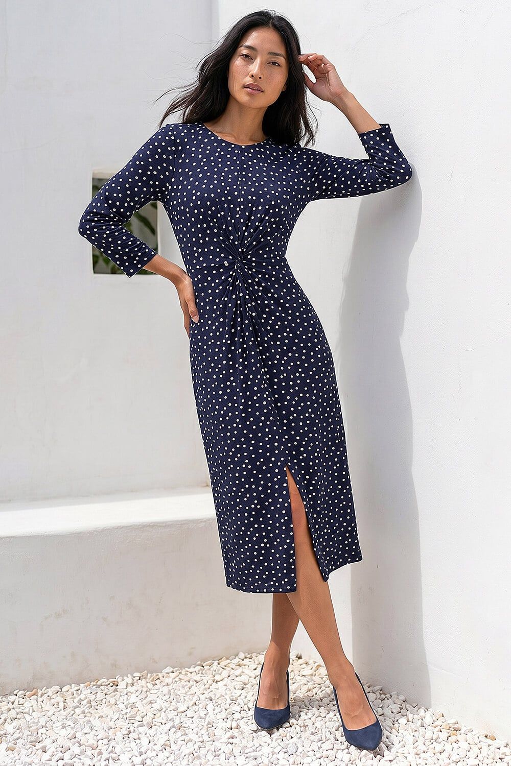Roman Petite Polka Dot Front Knot Dress