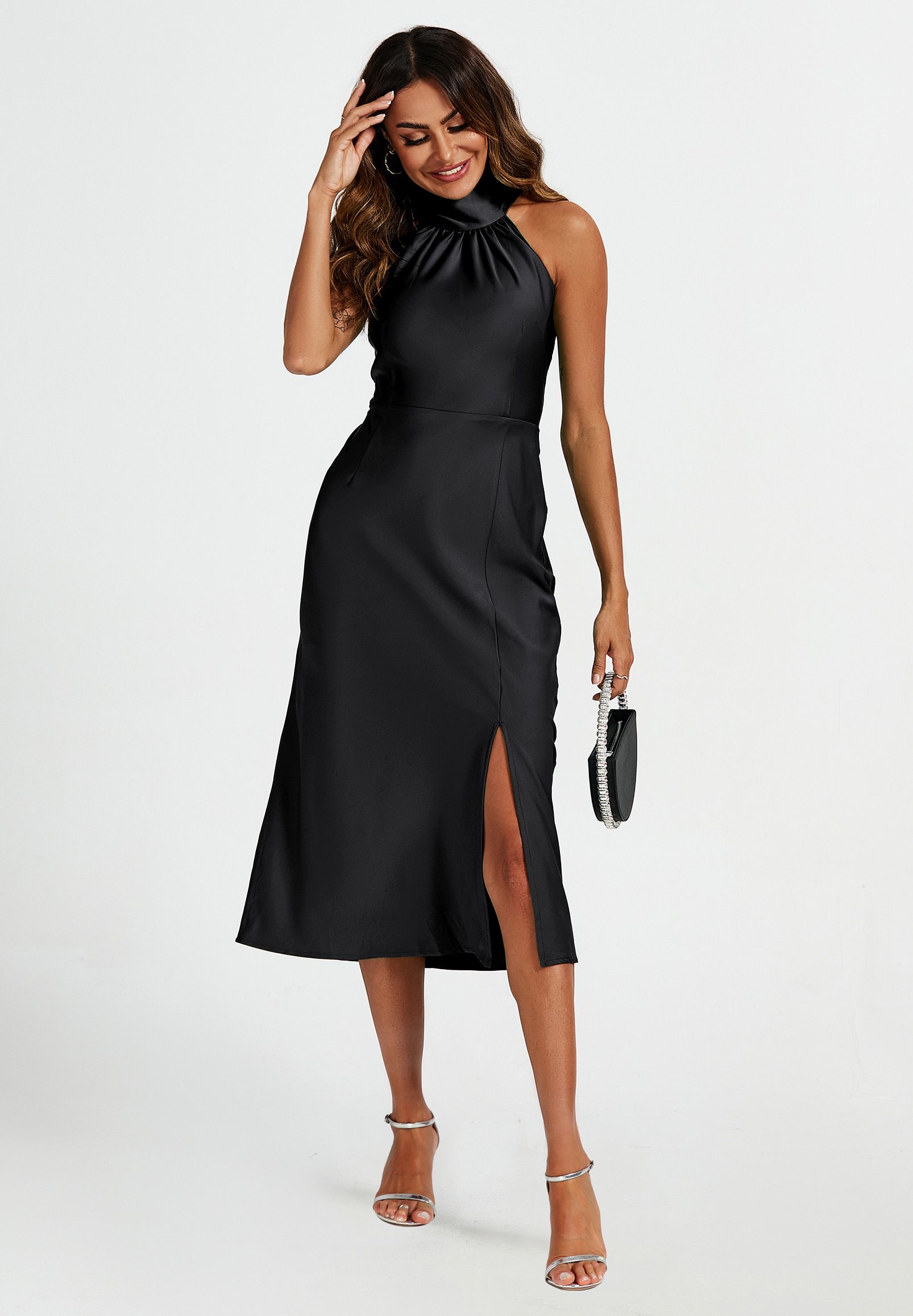 FS Collection Satin Halter Neck Tie Back Cut Detail Split Midi Dress In Black