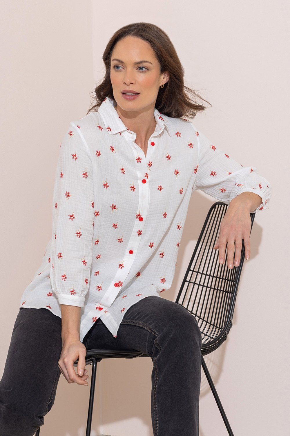Klass. Floral Embroidered Textured Cotton Blouse