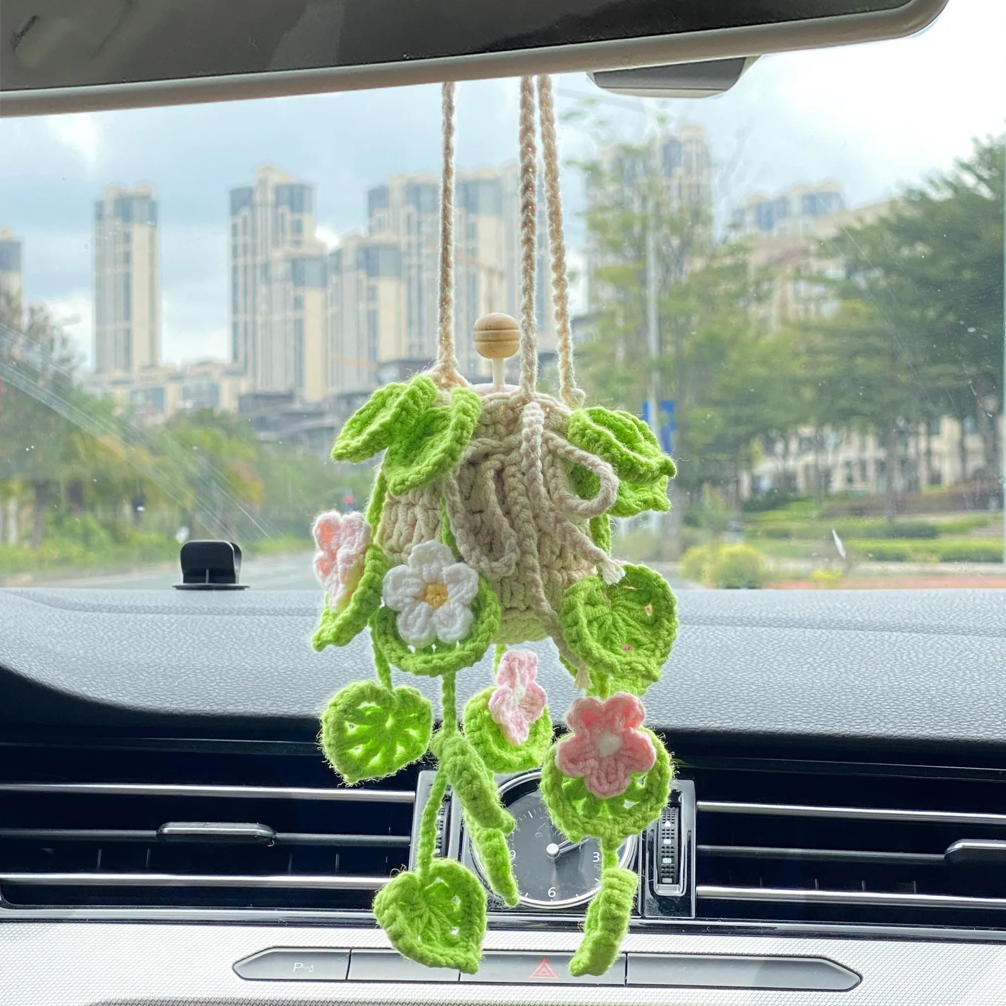 Crochet Car Air Freshener Diffuser, Handmade Plant Car Hanging with 15ml Essential Oil Bottle